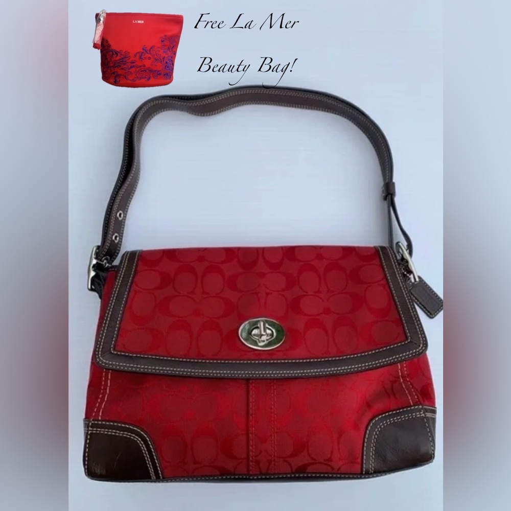 Coach Hampton Cherry Red Shoulder Bag Signature Canvas Brown Leather Y2K 🍒